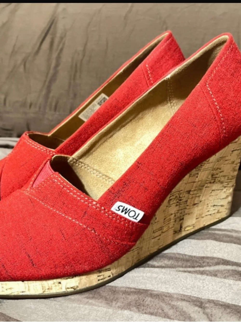 Toms Red Canvas Cork Wedge Slip-On
